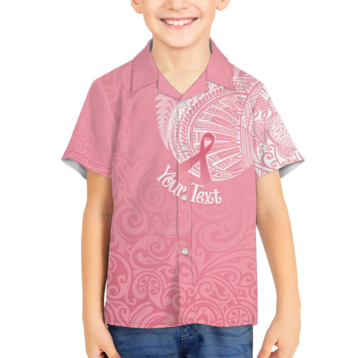 Personalised New Zealand Family Matching Off Shoulder Maxi Dress and Hawaiian Shirt Pink Ribbon Tattoo Mix Silver Fern LT7 Son's Shirt Pink - Polynesian Pride