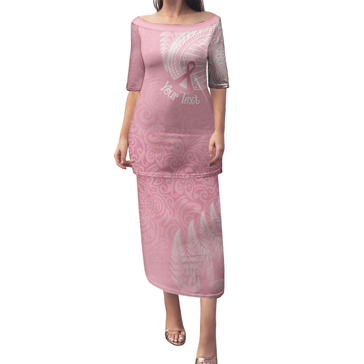 Personalised New Zealand Family Matching Puletasi Dress and Hawaiian Shirt Pink Ribbon Tattoo Mix Silver Fern LT7 Mom's Dress Pink - Polynesian Pride