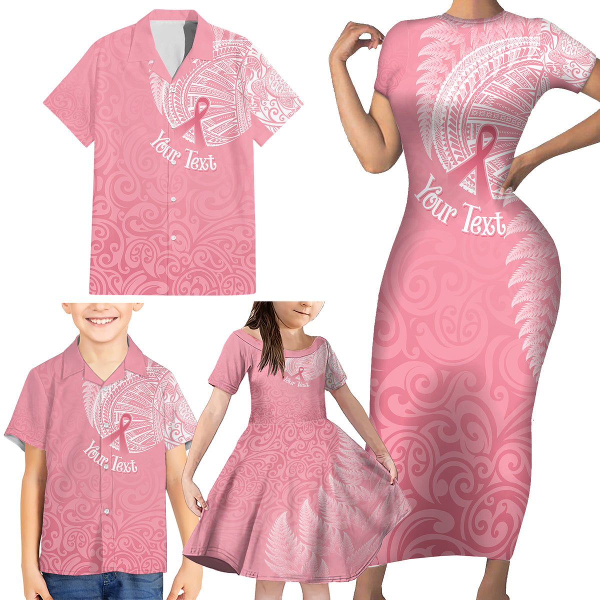 Personalised New Zealand Family Matching Short Sleeve Bodycon Dress and Hawaiian Shirt Pink Ribbon Tattoo Mix Silver Fern LT7 - Polynesian Pride