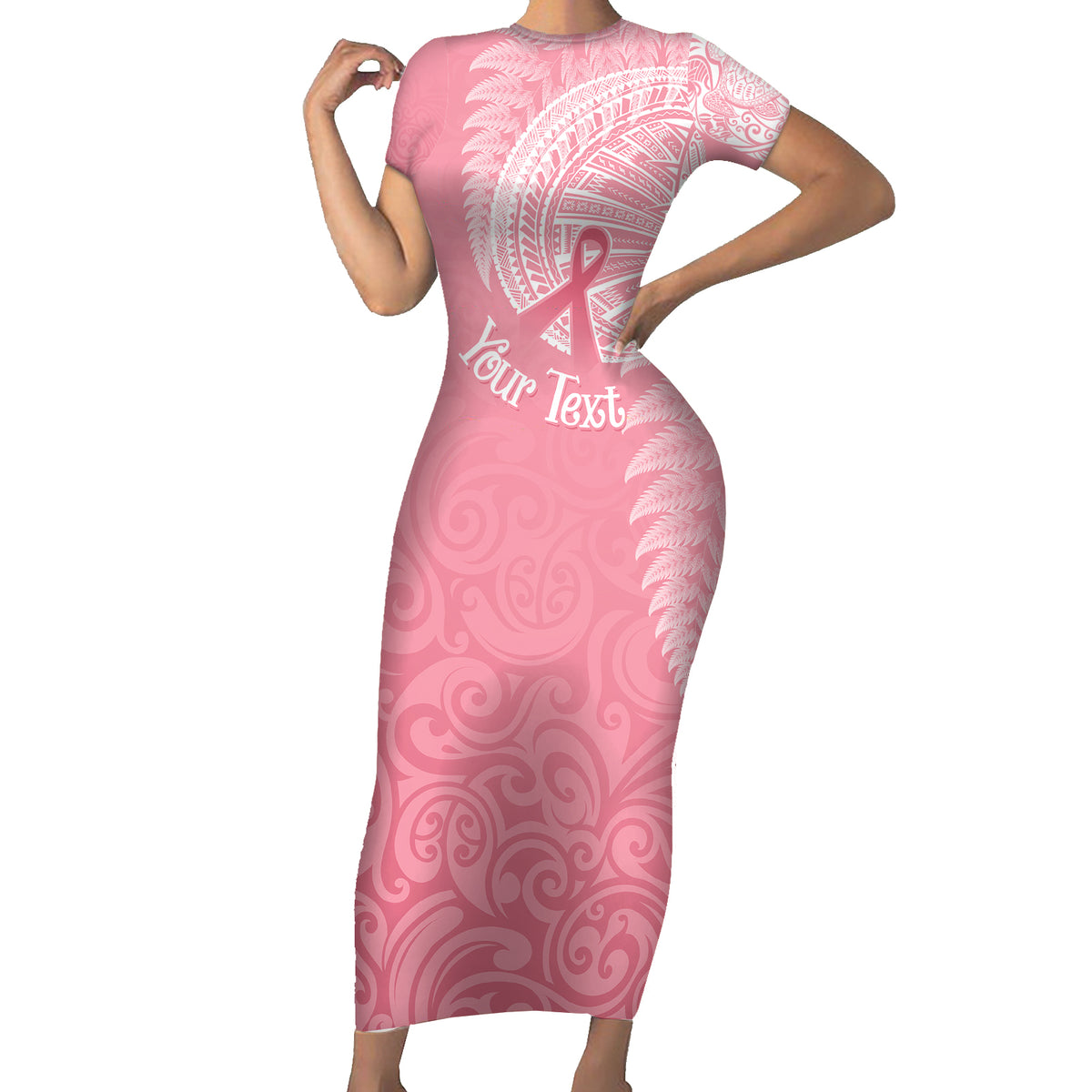 Personalised New Zealand Family Matching Short Sleeve Bodycon Dress and Hawaiian Shirt Pink Ribbon Tattoo Mix Silver Fern LT7 Mom's Dress Pink - Polynesian Pride