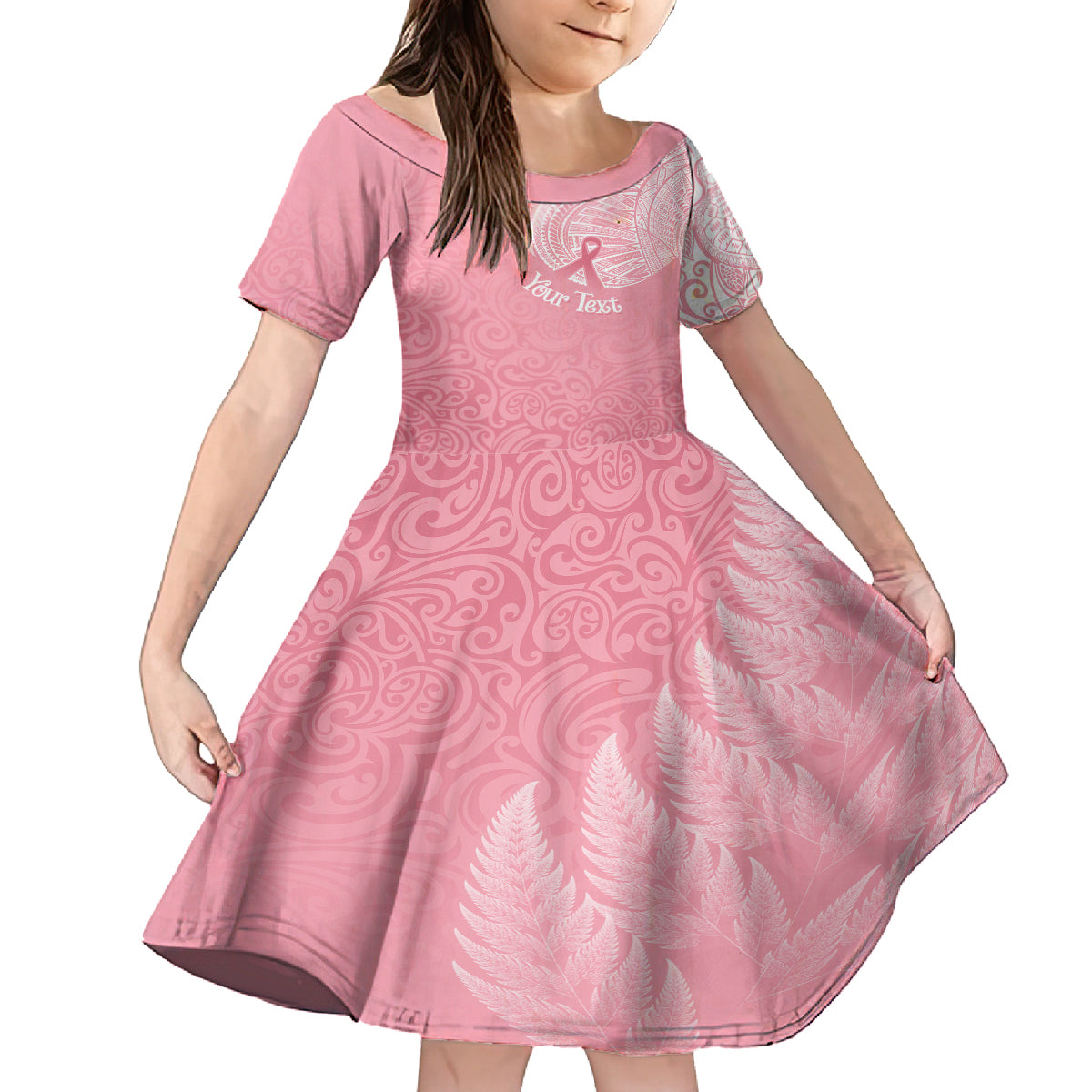 Personalised New Zealand Family Matching Tank Maxi Dress and Hawaiian Shirt Pink Ribbon Tattoo Mix Silver Fern LT7 Daughter's Dress Pink - Polynesian Pride