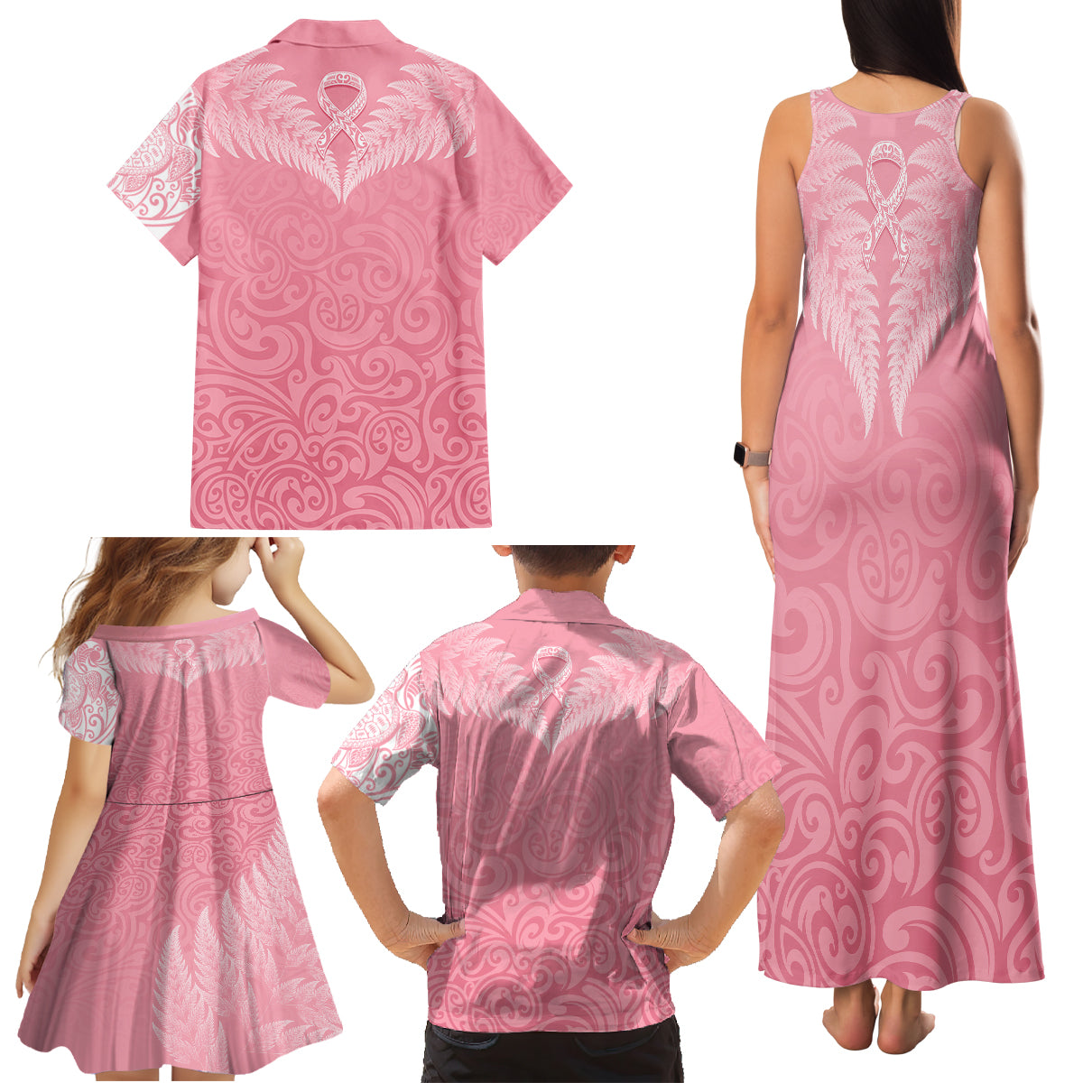 Personalised New Zealand Family Matching Tank Maxi Dress and Hawaiian Shirt Pink Ribbon Tattoo Mix Silver Fern LT7 - Polynesian Pride