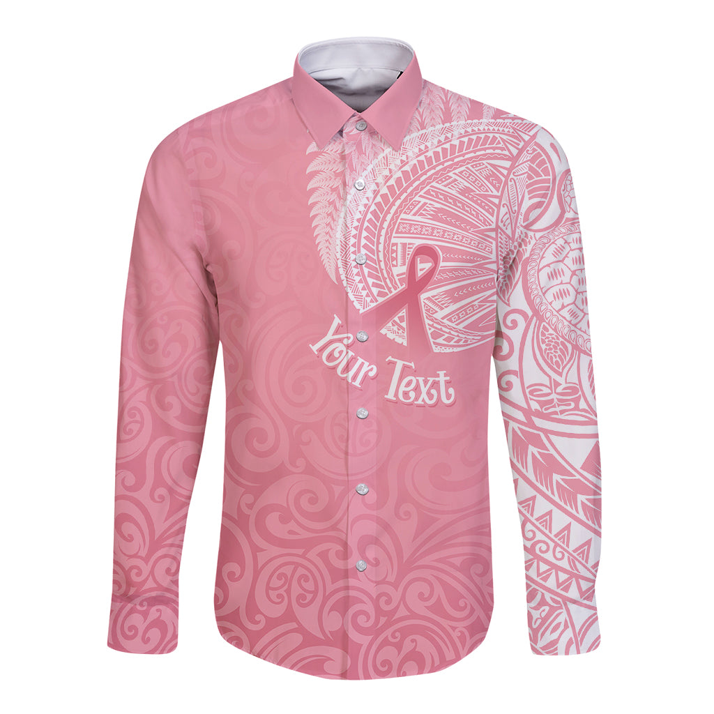Personalised New Zealand Long Sleeve Button Shirt Pink Ribbon Tattoo Mix Silver Fern LT7 Unisex Pink - Polynesian Pride