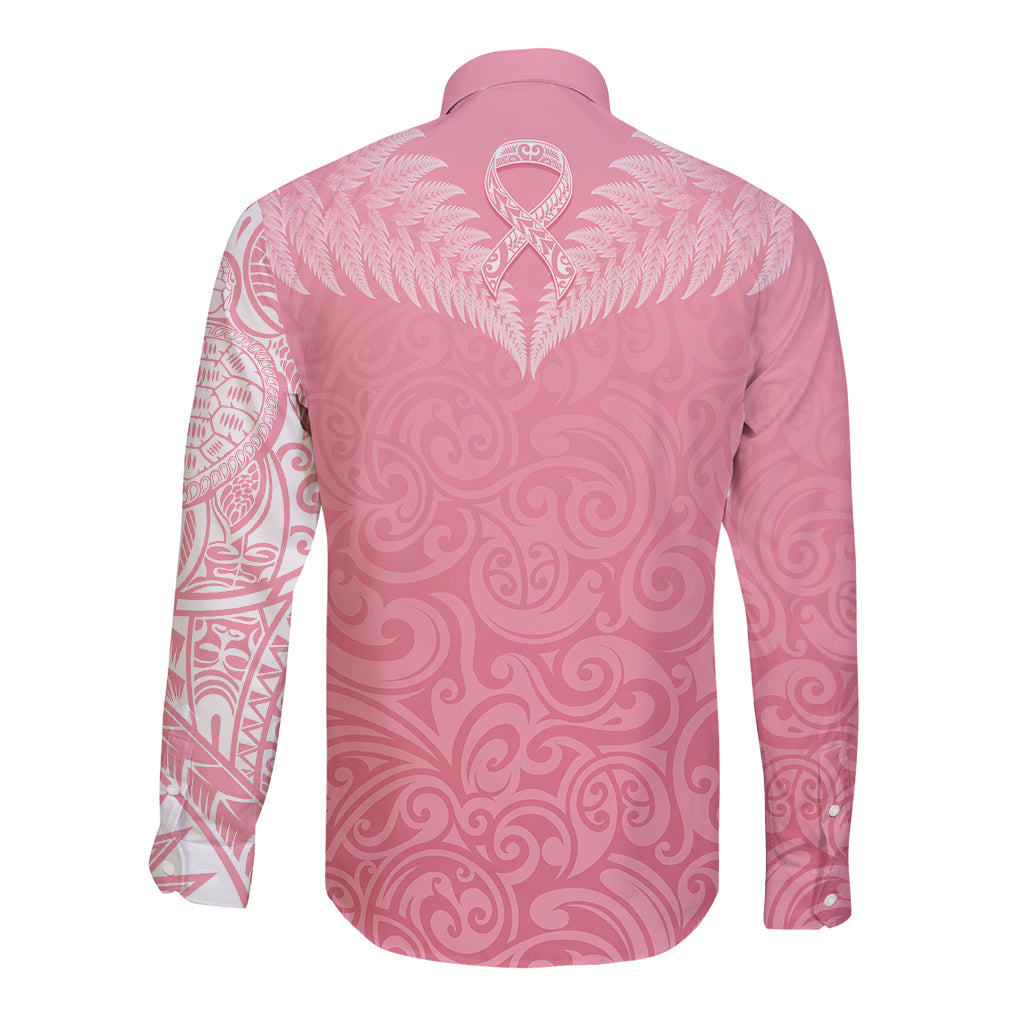Personalised New Zealand Long Sleeve Button Shirt Pink Ribbon Tattoo Mix Silver Fern LT7 - Polynesian Pride
