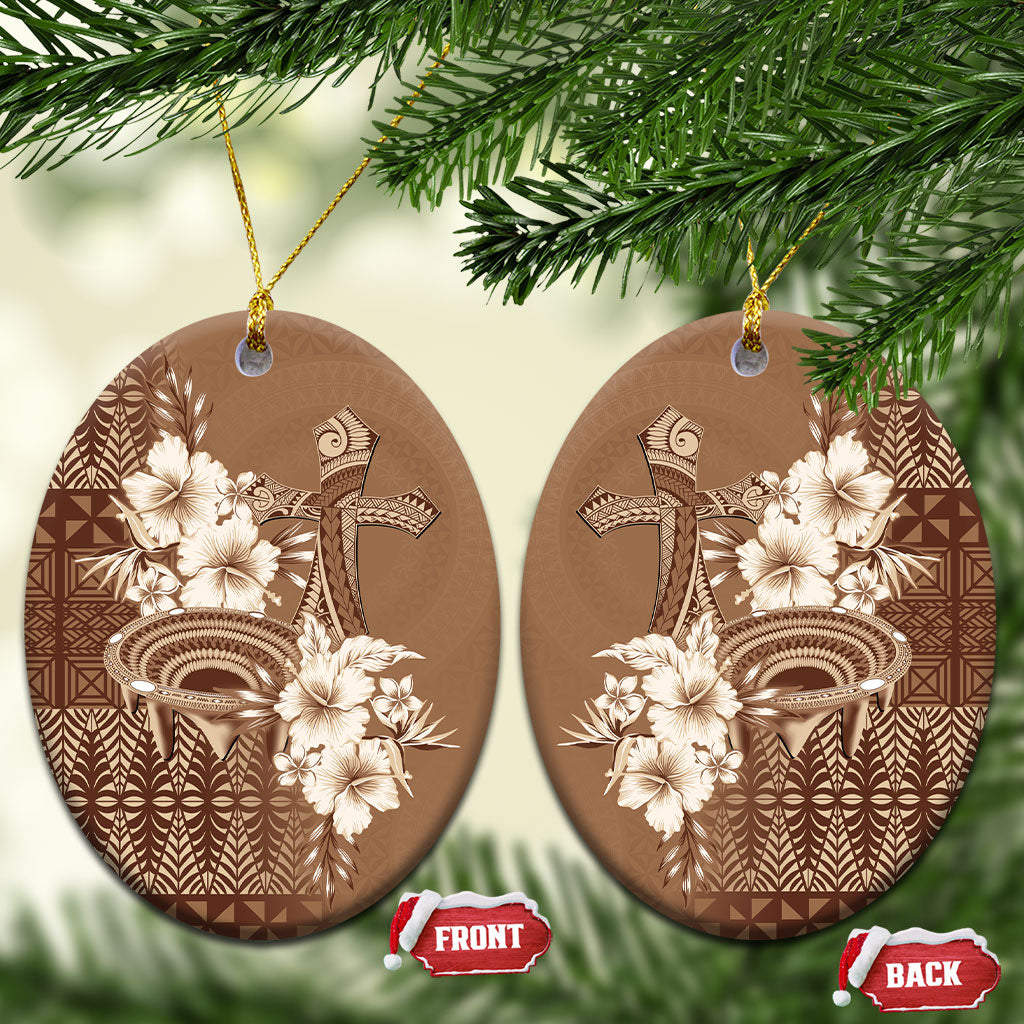 Tonga Ngatu Kupesi Brown Tapa Ceramic Ornament Koe Otua Mo Tonga Ko Hoku Tofia LT7 Oval Mocha - Polynesian Pride
