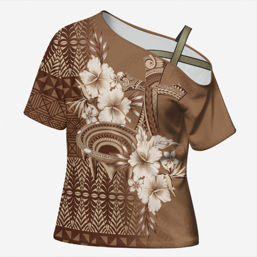 Tonga Ngatu Kupesi Brown Tapa Cross Shoulder Shirt Koe Otua Mo Tonga Ko Hoku Tofia LT7 Female Mocha - Polynesian Pride