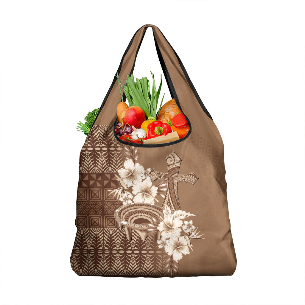 Tonga Ngatu Kupesi Brown Tapa Grocery Bag Koe Otua Mo Tonga Ko Hoku Tofia LT7 1-pack One Size Mocha - Polynesian Pride
