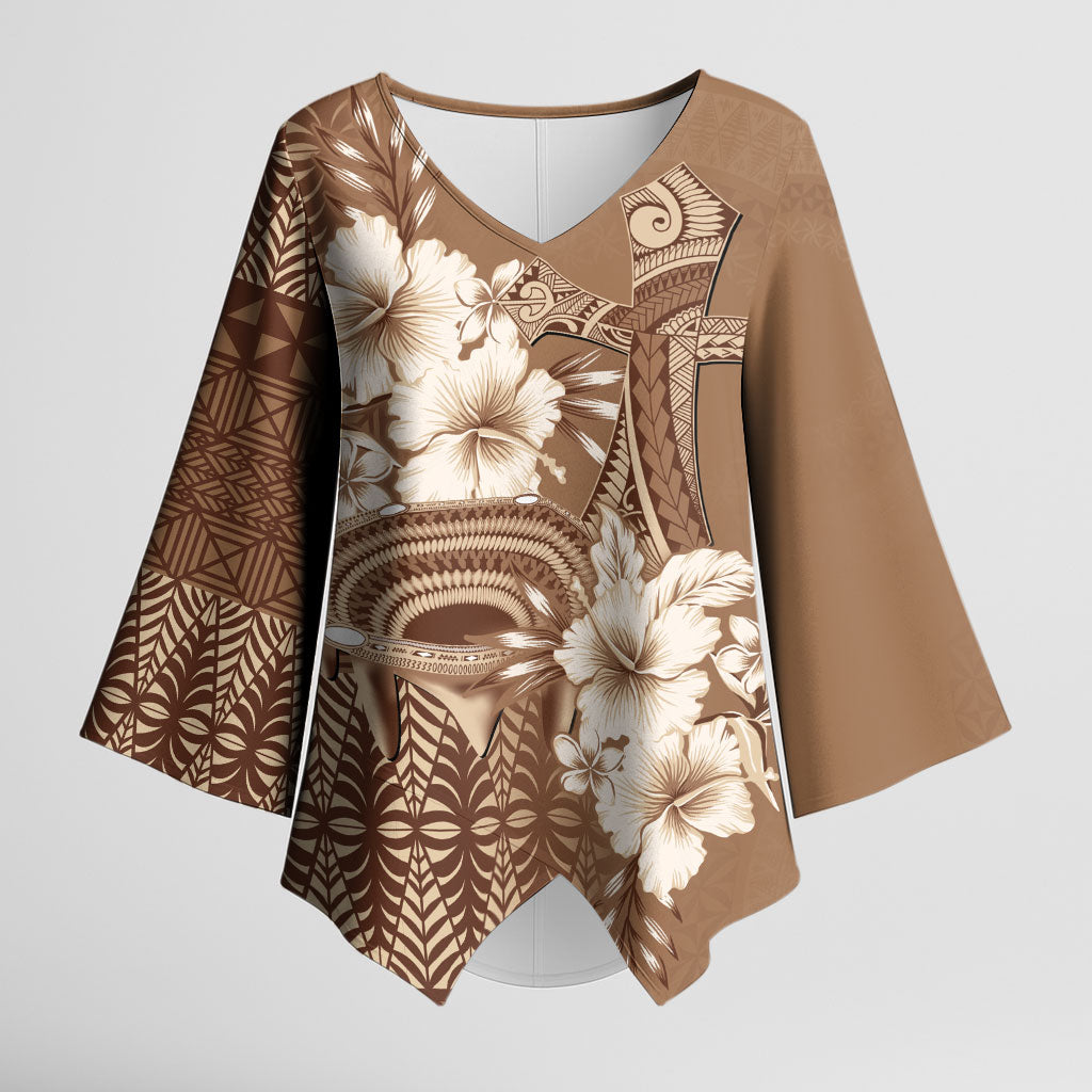 Tonga Ngatu Kupesi Brown Tapa Kimono Sleeve Blouse Koe Otua Mo Tonga Ko Hoku Tofia LT7 Female Mocha - Polynesian Pride