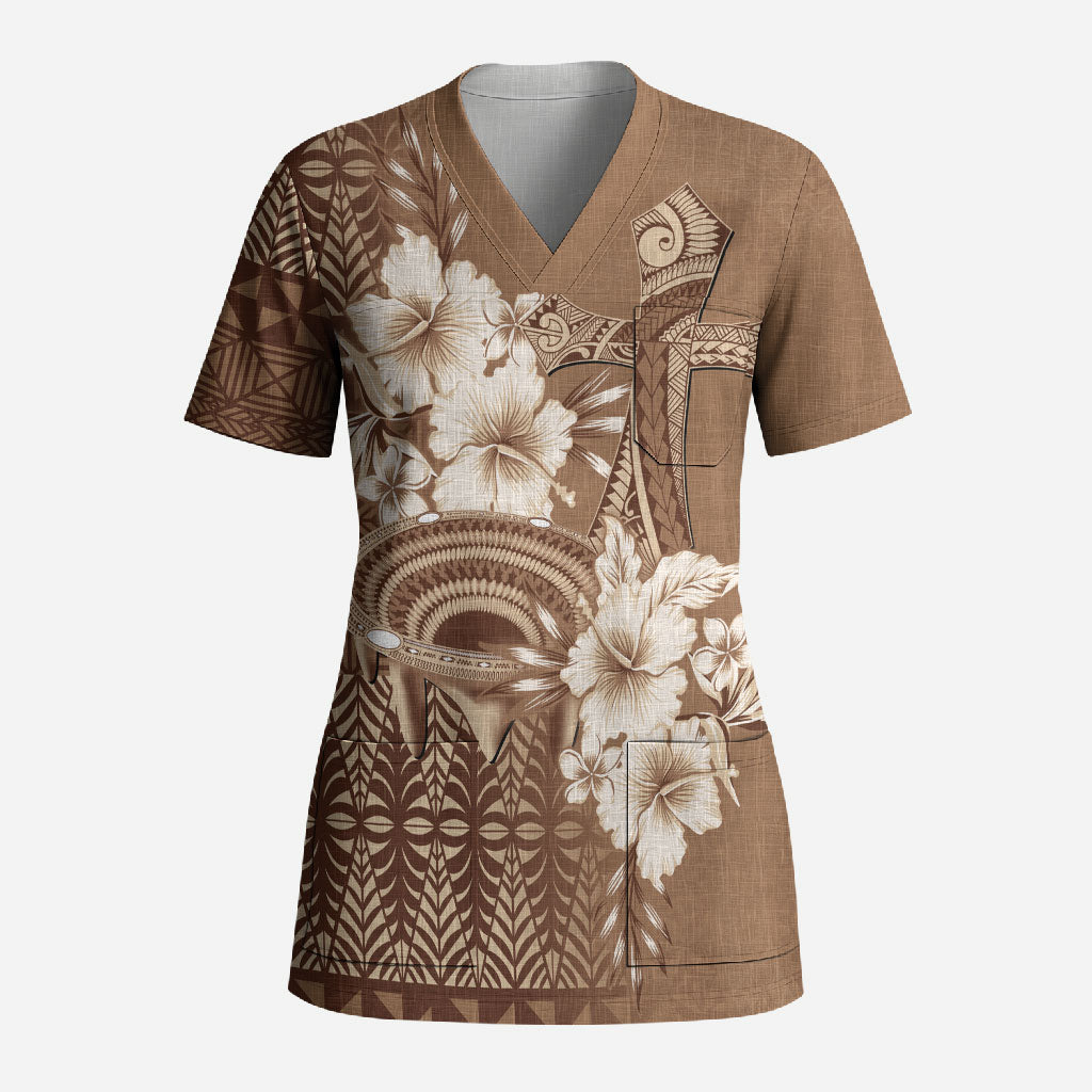 Tonga Ngatu Kupesi Brown Tapa Scrub Top Koe Otua Mo Tonga Ko Hoku Tofia LT7 Adult Mocha - Polynesian Pride