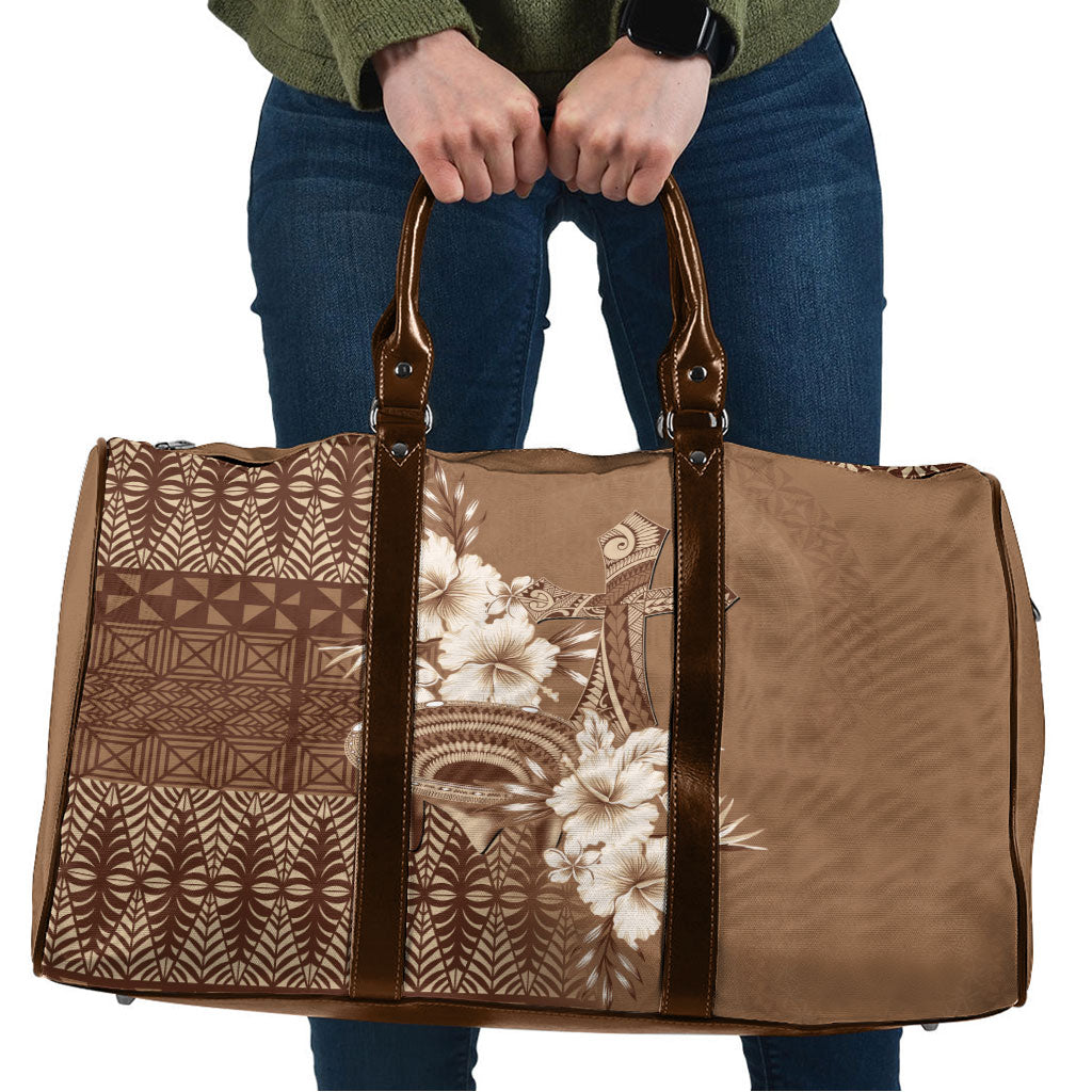 Tonga Ngatu Kupesi Brown Tapa Travel Bag Koe Otua Mo Tonga Ko Hoku Tofia LT7 Mocha - Polynesian Pride