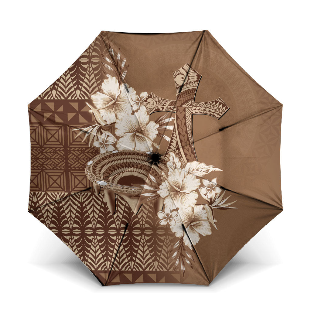Tonga Ngatu Kupesi Brown Tapa Umbrella Koe Otua Mo Tonga Ko Hoku Tofia LT7 One Size Folded 11.42 inch Opened Diameter 37.4 inch Mocha - Polynesian Pride