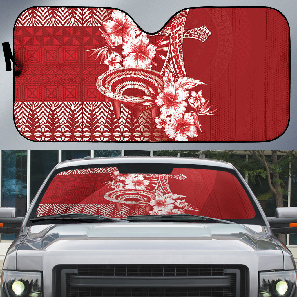 Tonga Ngatu Kupesi Royal Red Auto Sun Shade Koe Otua Mo Tonga Ko Hoku Tofia LT7 Red - Polynesian Pride