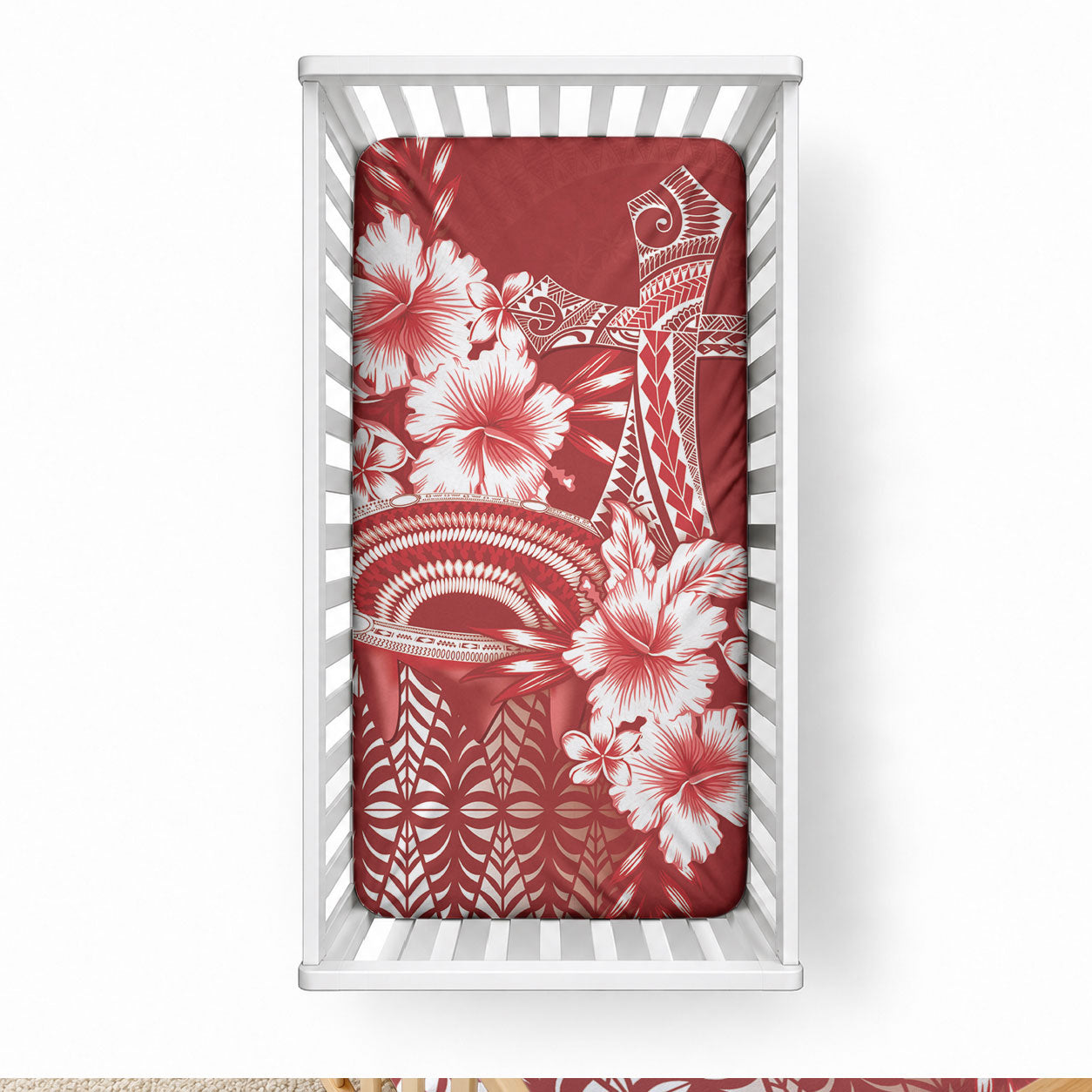 Tonga Ngatu Kupesi Royal Red Baby Bed Cover Koe Otua Mo Tonga Ko Hoku Tofia LT7 28 × 52 in Red - Polynesian Pride