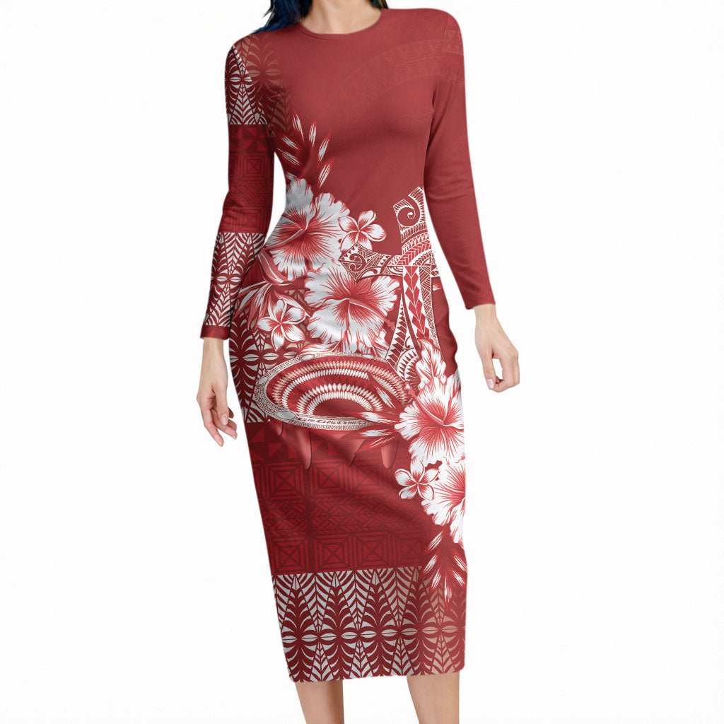 Tonga Ngatu Kupesi Royal Red Long Sleeve Bodycon Dress Koe Otua Mo Tonga Ko Hoku Tofia LT7 Long Dress Red - Polynesian Pride