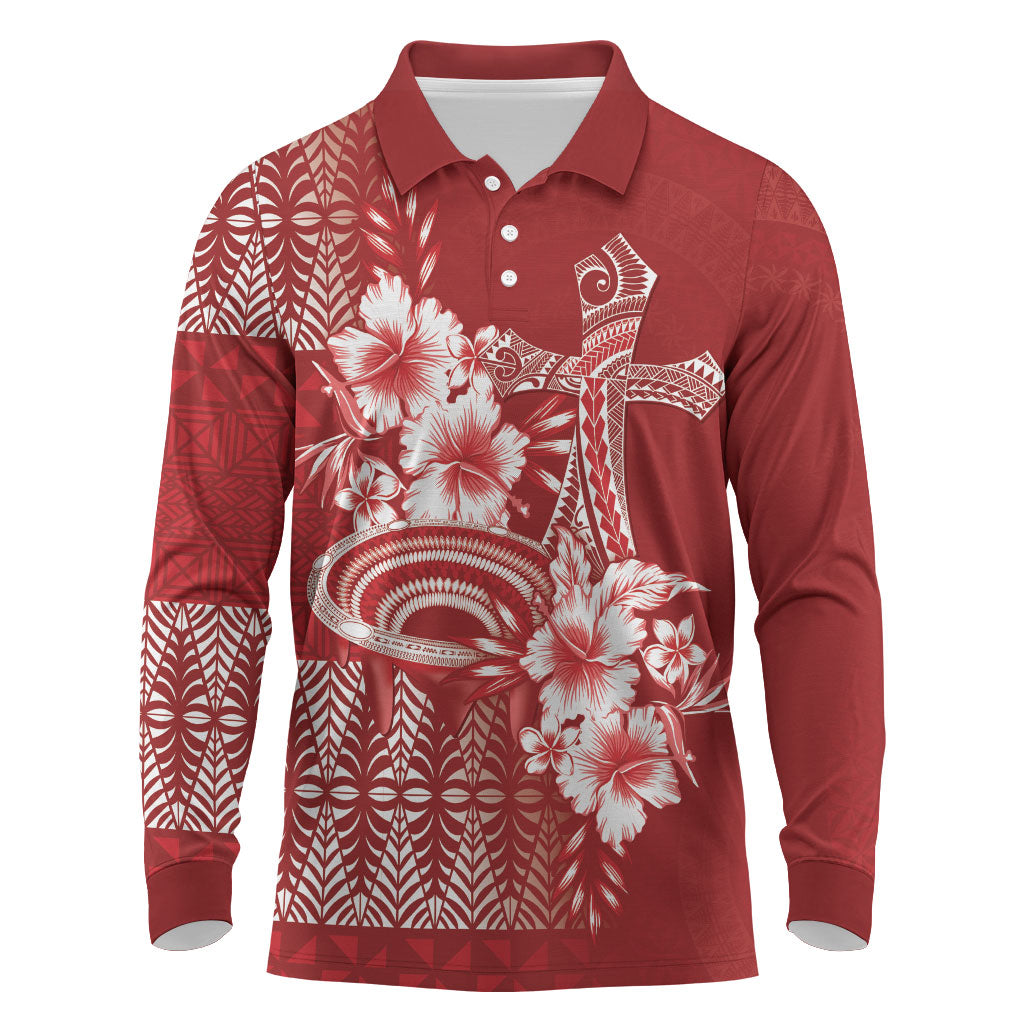 Tonga Ngatu Kupesi Royal Red Long Sleeve Polo Shirt Koe Otua Mo Tonga Ko Hoku Tofia LT7 Red - Polynesian Pride