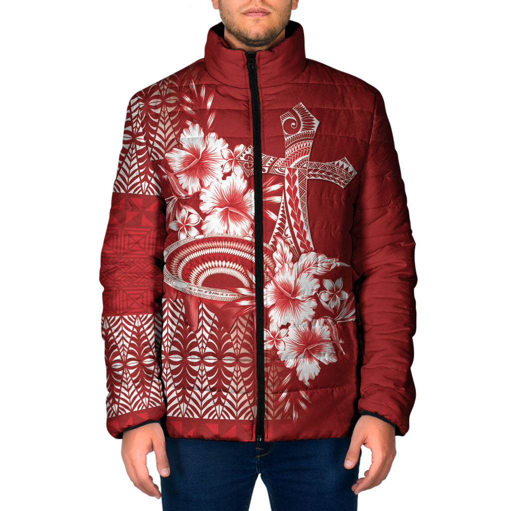 Tonga Ngatu Kupesi Royal Red Padded Jacket Koe Otua Mo Tonga Ko Hoku Tofia LT7 Men Red - Polynesian Pride