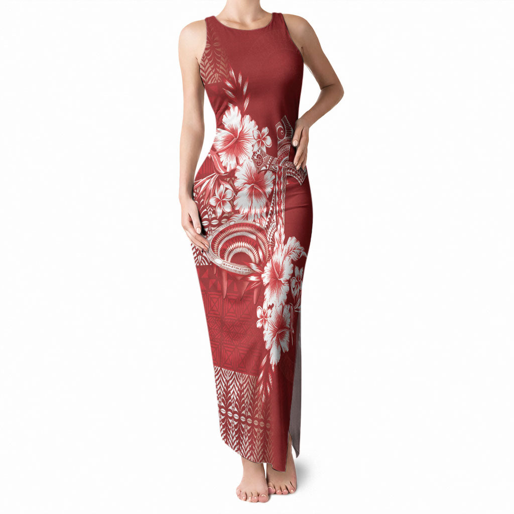 Tonga Ngatu Kupesi Royal Red Tank Maxi Dress Koe Otua Mo Tonga Ko Hoku Tofia LT7 Women Red - Polynesian Pride