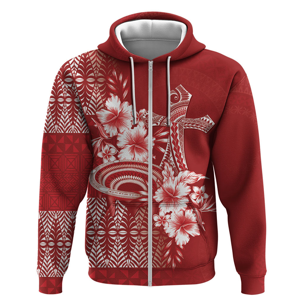 Tonga Ngatu Kupesi Royal Red Zip Hoodie Koe Otua Mo Tonga Ko Hoku Tofia LT7 Zip Hoodie Red - Polynesian Pride