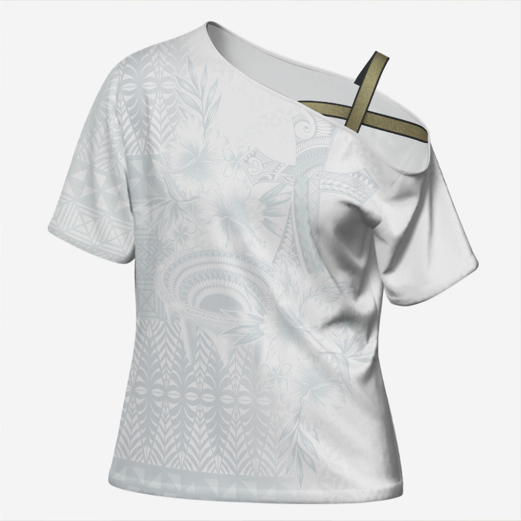 Tonga Ngatu Kupesi White Sunday Fakame Cross Shoulder Shirt Koe Otua Mo Tonga Ko Hoku Tofia LT7 Female White - Polynesian Pride