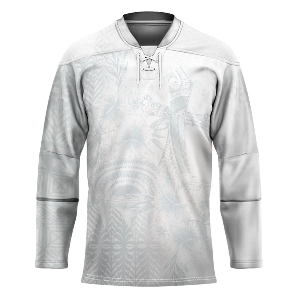 Tonga Ngatu Kupesi White Sunday Fakame Hockey Jersey Koe Otua Mo Tonga Ko Hoku Tofia LT7 Unisex White - Polynesian Pride