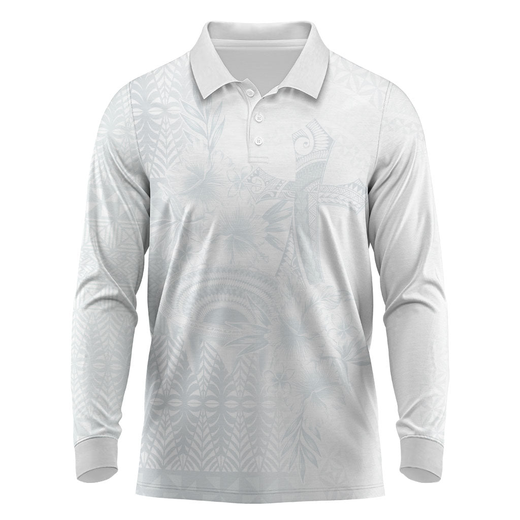 Tonga Ngatu Kupesi White Sunday Fakame Long Sleeve Polo Shirt Koe Otua Mo Tonga Ko Hoku Tofia LT7 White - Polynesian Pride