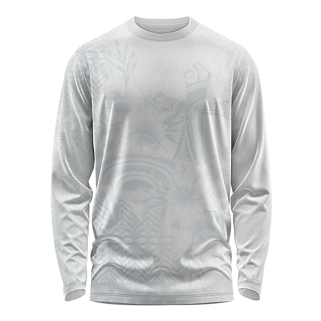 Tonga Ngatu Kupesi White Sunday Fakame Long Sleeve Shirt Koe Otua Mo Tonga Ko Hoku Tofia LT7 Unisex White - Polynesian Pride