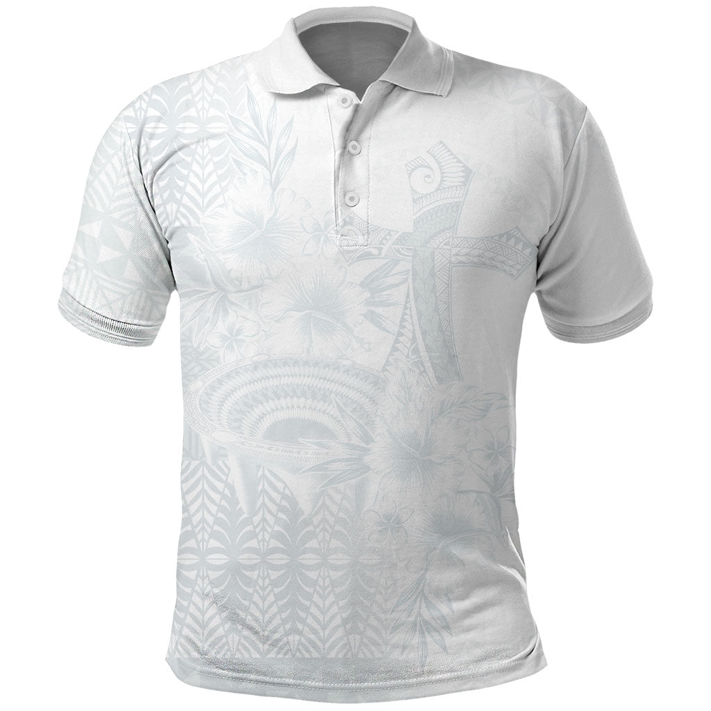 Tonga Ngatu Kupesi White Sunday Fakame Polo Shirt Koe Otua Mo Tonga Ko Hoku Tofia LT7 White - Polynesian Pride