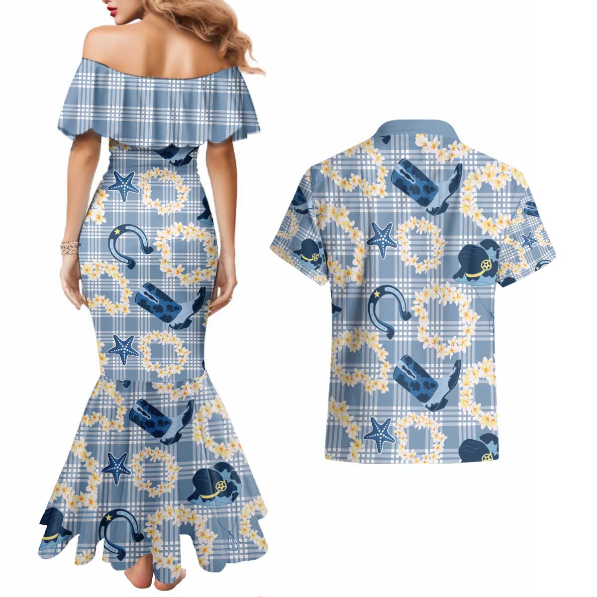 Aloha Hawaii Paniolo Jeans Palaka Couples Matching Mermaid Dress and Hawaiian Shirt Coastal Rodeo - Polynesian Pride