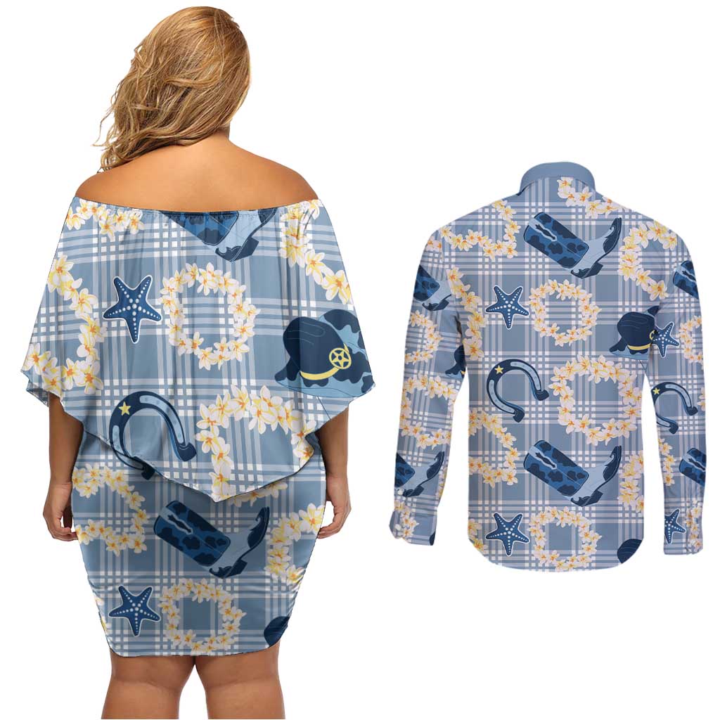 Aloha Hawaii Paniolo Jeans Palaka Couples Matching Off Shoulder Short Dress and Long Sleeve Button Shirt Coastal Rodeo - Polynesian Pride