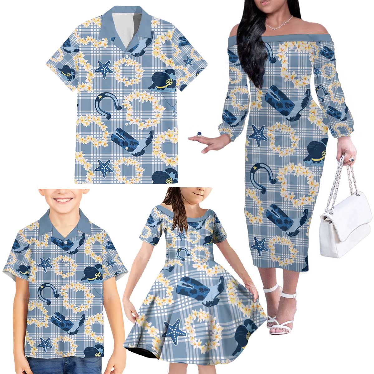 Aloha Hawaii Paniolo Jeans Palaka Family Matching Off The Shoulder Long Sleeve Dress and Hawaiian Shirt Coastal Rodeo LT7 - Polynesian Pride