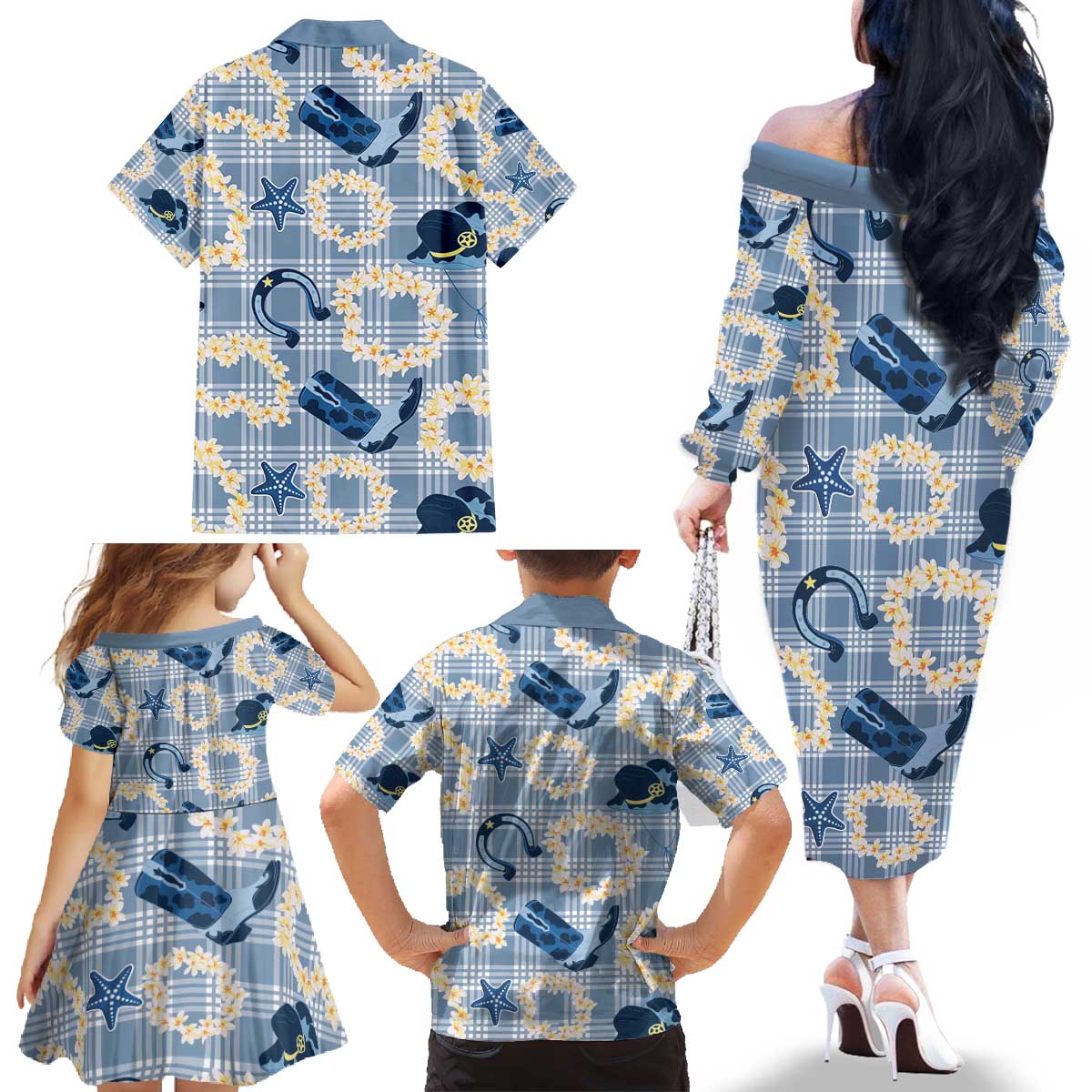 Aloha Hawaii Paniolo Jeans Palaka Family Matching Off The Shoulder Long Sleeve Dress and Hawaiian Shirt Coastal Rodeo LT7 - Polynesian Pride