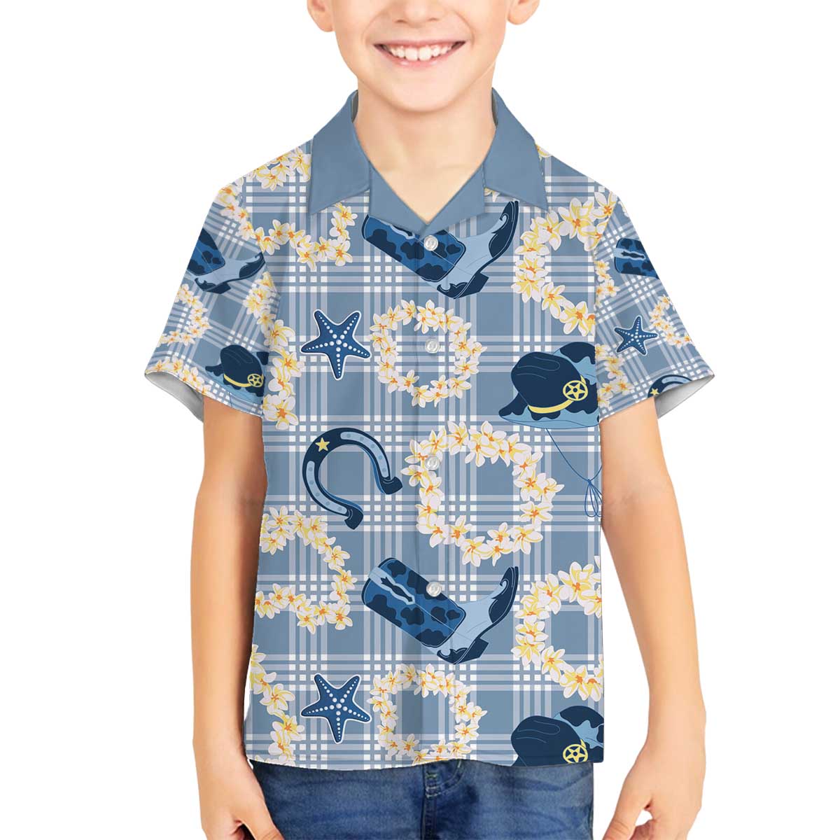 Aloha Hawaii Paniolo Jeans Palaka Family Matching Off The Shoulder Long Sleeve Dress and Hawaiian Shirt Coastal Rodeo LT7 Son's Shirt Pastel Blue - Polynesian Pride