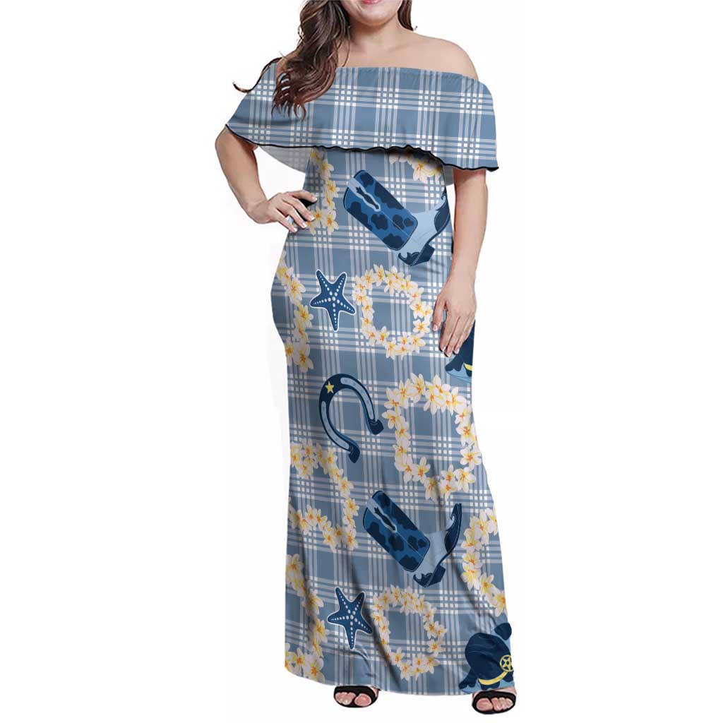 Aloha Hawaii Paniolo Jeans Palaka Family Matching Off Shoulder Maxi Dress and Hawaiian Shirt Coastal Rodeo LT7 Mom's Dress Pastel Blue - Polynesian Pride