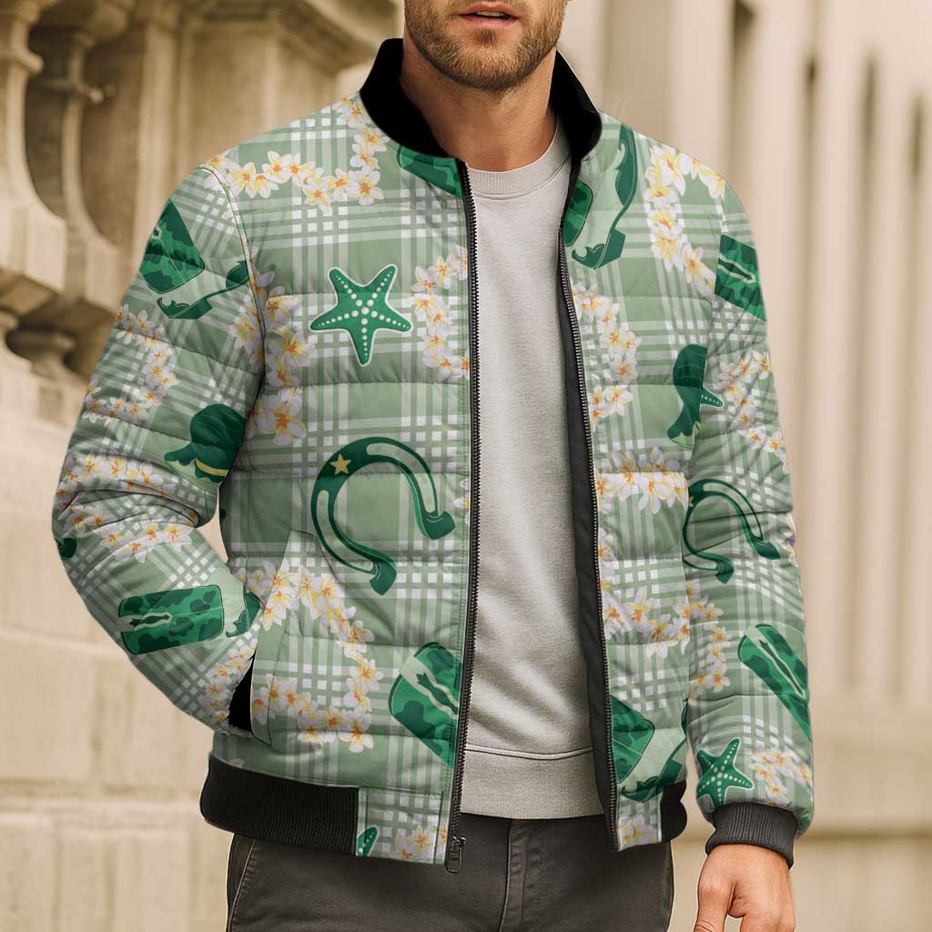 Aloha Hawaii Paniolo Mint Palaka Bomber Puffer Jacket Coastal Rodeo - Polynesian Pride
