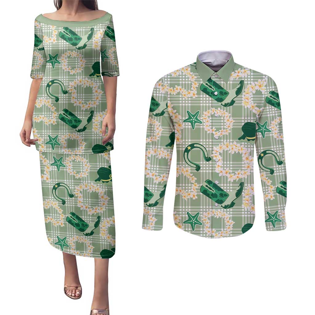 Aloha Hawaii Paniolo Mint Palaka Couples Matching Puletasi and Long Sleeve Button Shirt Coastal Rodeo - Polynesian Pride
