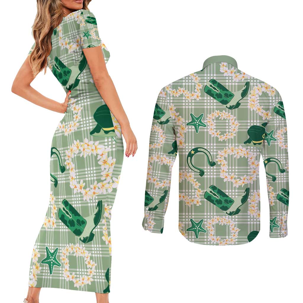 Aloha Hawaii Paniolo Mint Palaka Couples Matching Short Sleeve Bodycon Dress and Long Sleeve Button Shirt Coastal Rodeo - Polynesian Pride