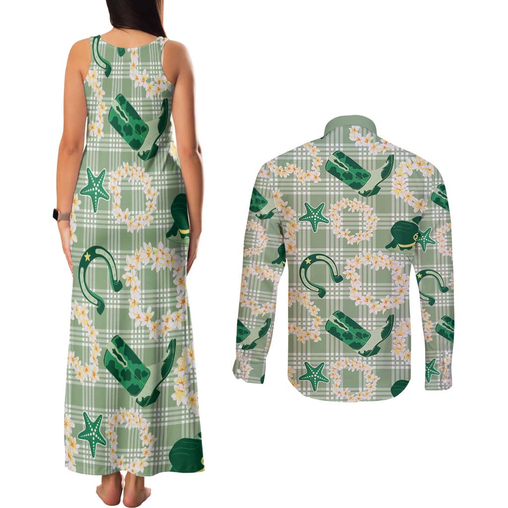 Aloha Hawaii Paniolo Mint Palaka Couples Matching Tank Maxi Dress and Long Sleeve Button Shirt Coastal Rodeo - Polynesian Pride