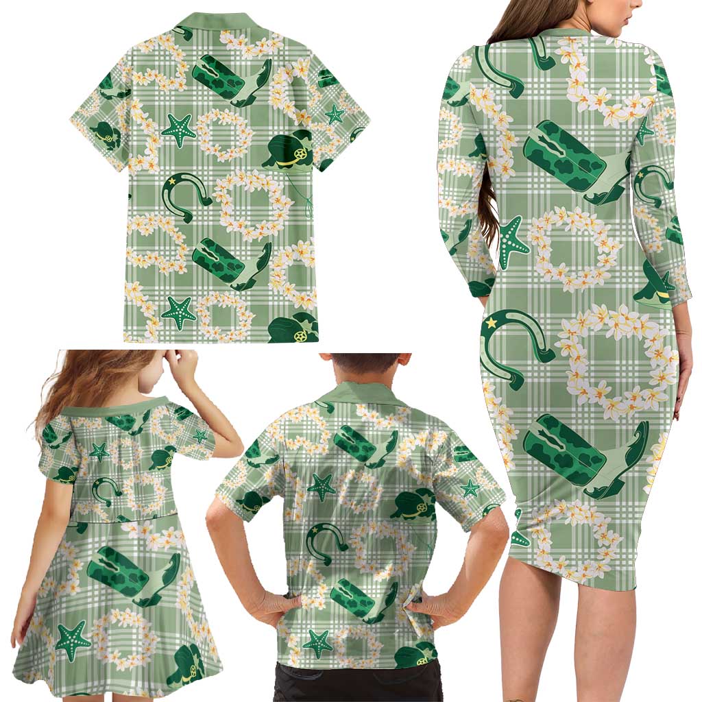 Aloha Hawaii Paniolo Mint Palaka Family Matching Long Sleeve Bodycon Dress and Hawaiian Shirt Coastal Rodeo LT7 - Polynesian Pride