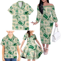 Aloha Hawaii Paniolo Mint Palaka Family Matching Off The Shoulder Long Sleeve Dress and Hawaiian Shirt Coastal Rodeo LT7 - Polynesian Pride