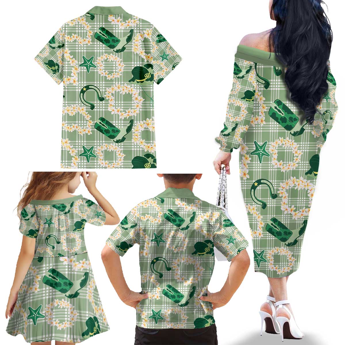 Aloha Hawaii Paniolo Mint Palaka Family Matching Off The Shoulder Long Sleeve Dress and Hawaiian Shirt Coastal Rodeo LT7 - Polynesian Pride