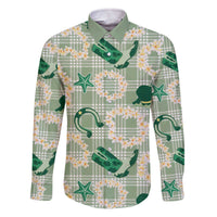 Aloha Hawaii Paniolo Mint Palaka Family Matching Off The Shoulder Long Sleeve Dress and Hawaiian Shirt Coastal Rodeo LT7 Dad's Shirt - Long Sleeve Mint - Polynesian Pride