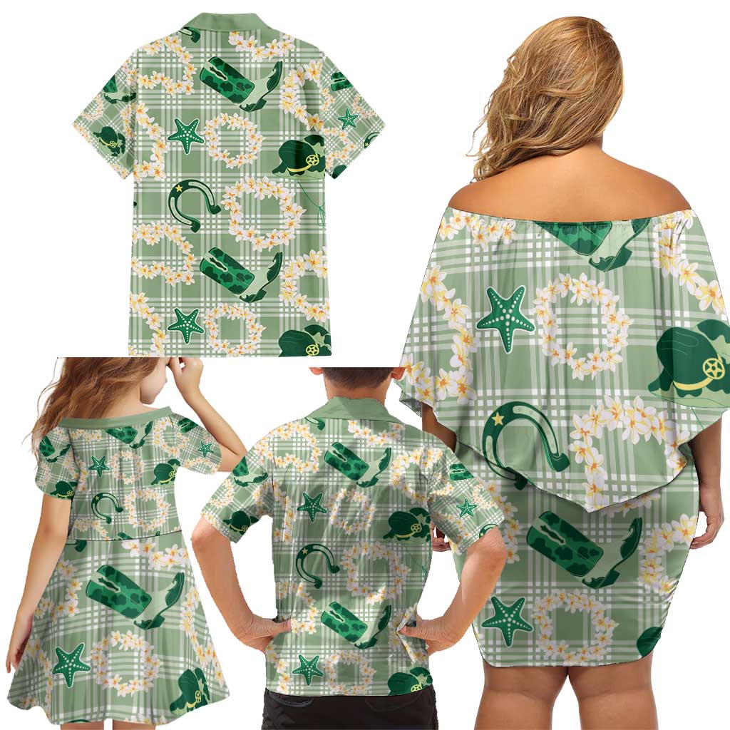 Aloha Hawaii Paniolo Mint Palaka Family Matching Off Shoulder Short Dress and Hawaiian Shirt Coastal Rodeo LT7 - Polynesian Pride