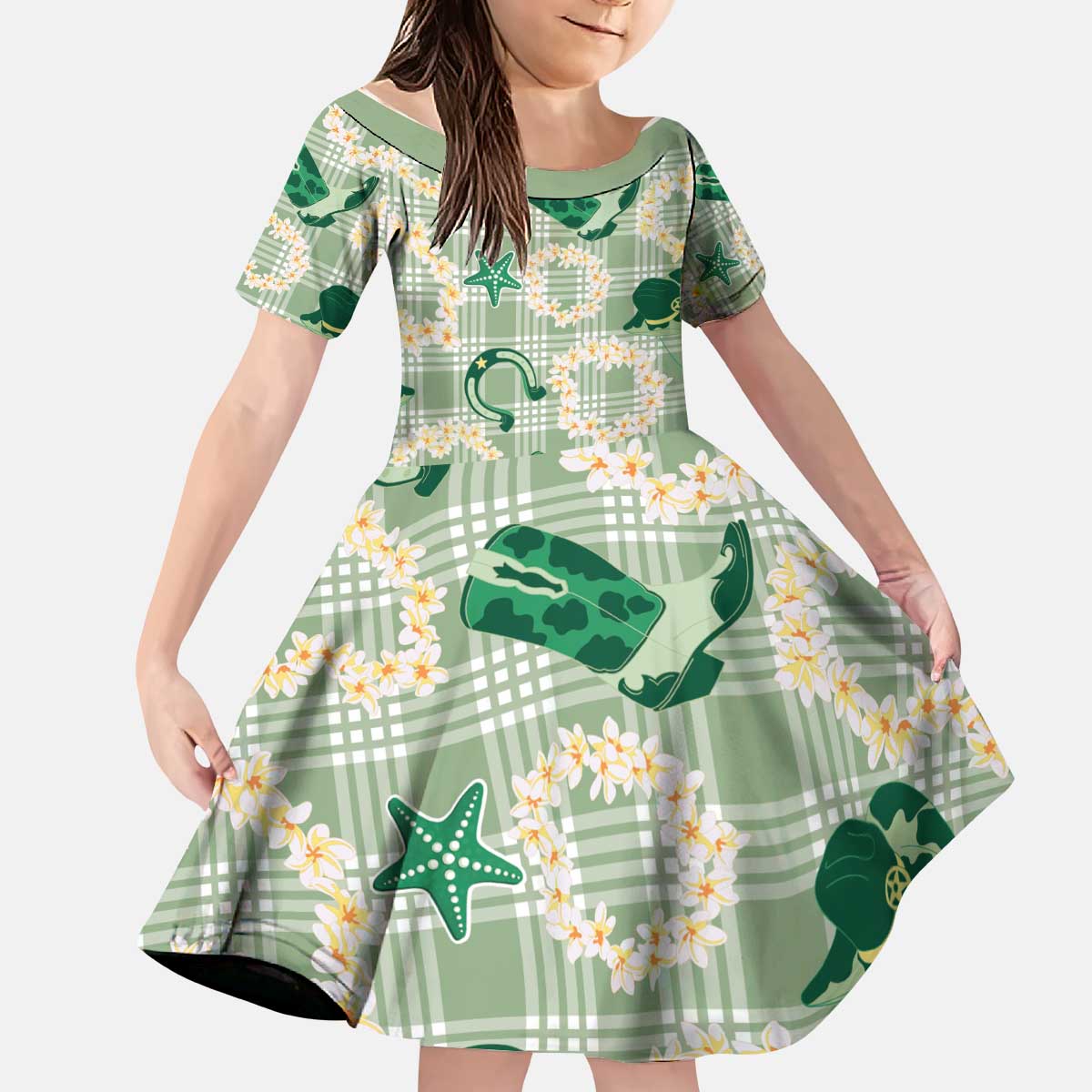 Aloha Hawaii Paniolo Mint Palaka Kid Short Sleeve Dress Coastal Rodeo - Polynesian Pride