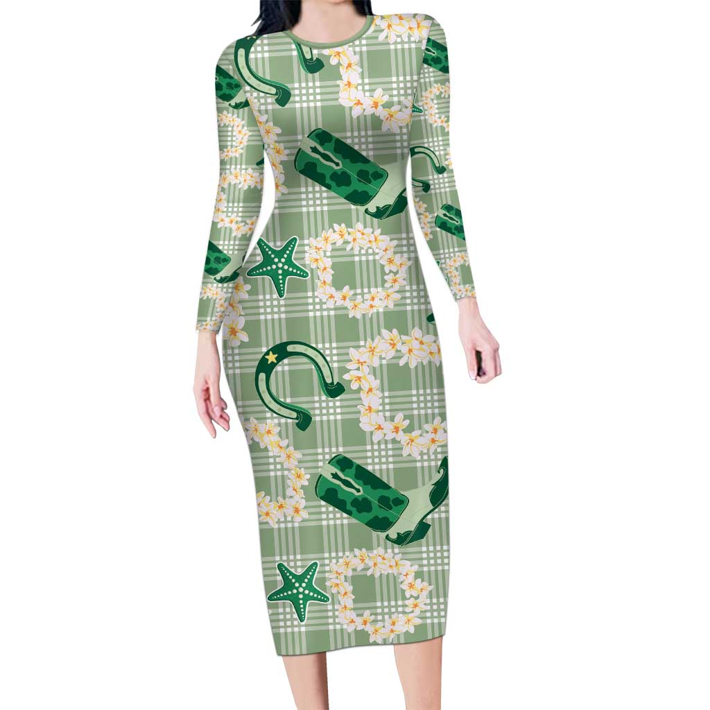 Aloha Hawaii Paniolo Mint Palaka Long Sleeve Bodycon Dress Coastal Rodeo - Polynesian Pride