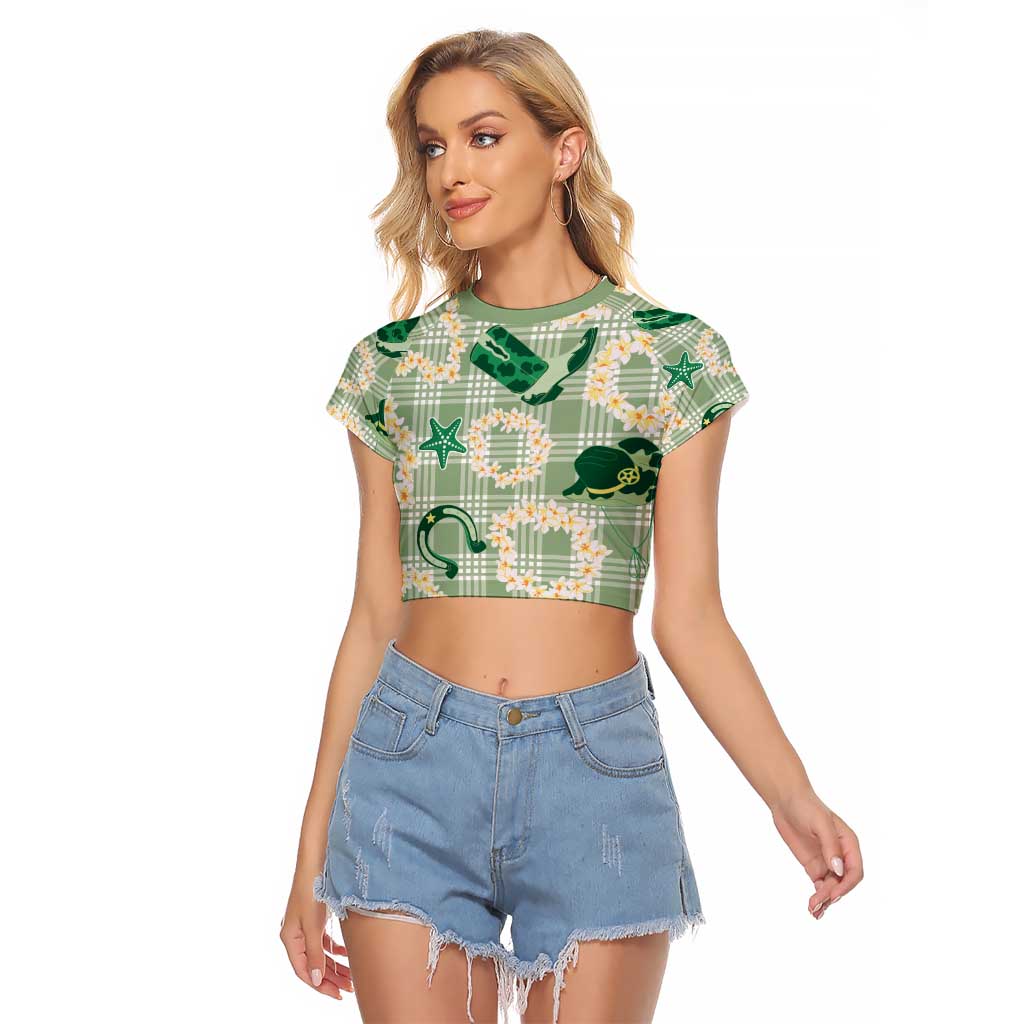 Aloha Hawaii Paniolo Mint Palaka Raglan Cropped T Shirt Coastal Rodeo - Polynesian Pride