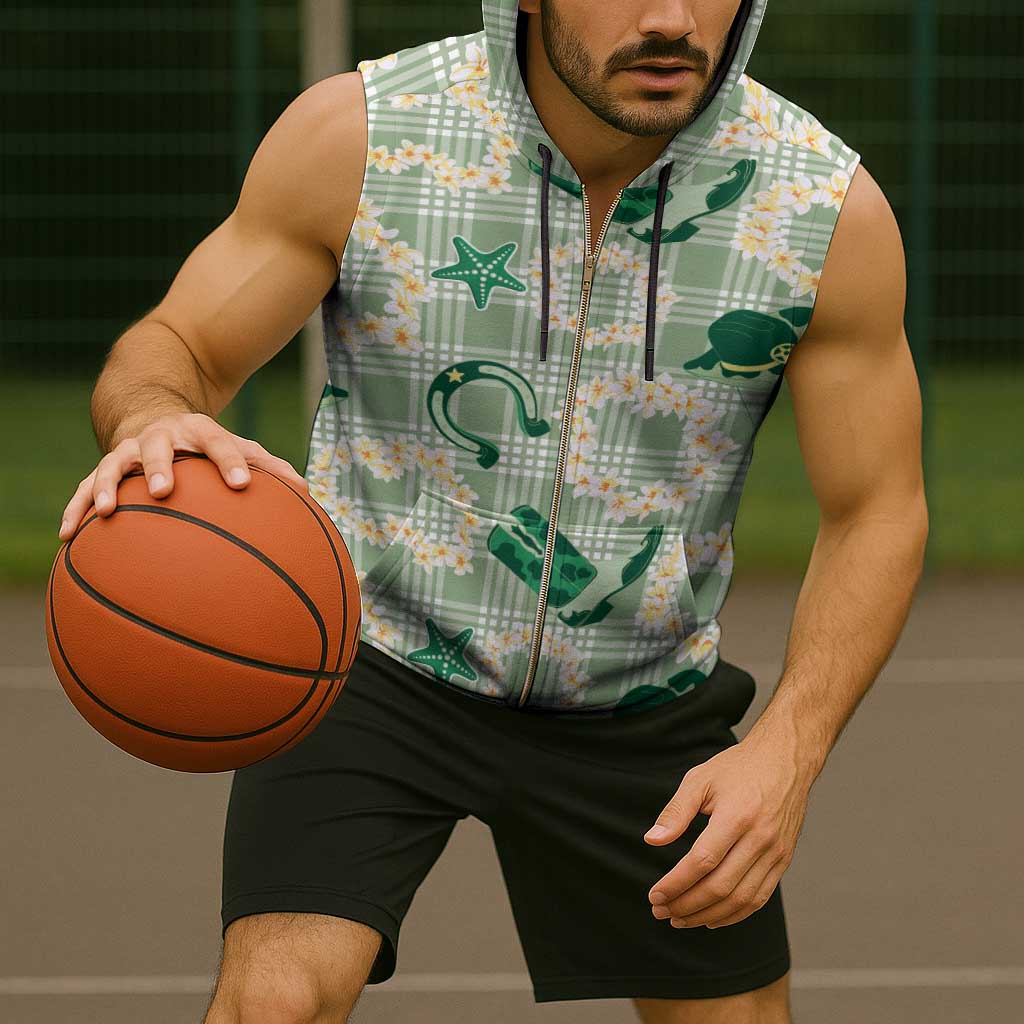 Aloha Hawaii Paniolo Mint Palaka Sleeveless Zip Hoodie Coastal Rodeo - Polynesian Pride