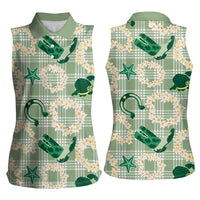 Aloha Hawaii Paniolo Mint Palaka Women Sleeveless Polo Shirt Coastal Rodeo - Polynesian Pride