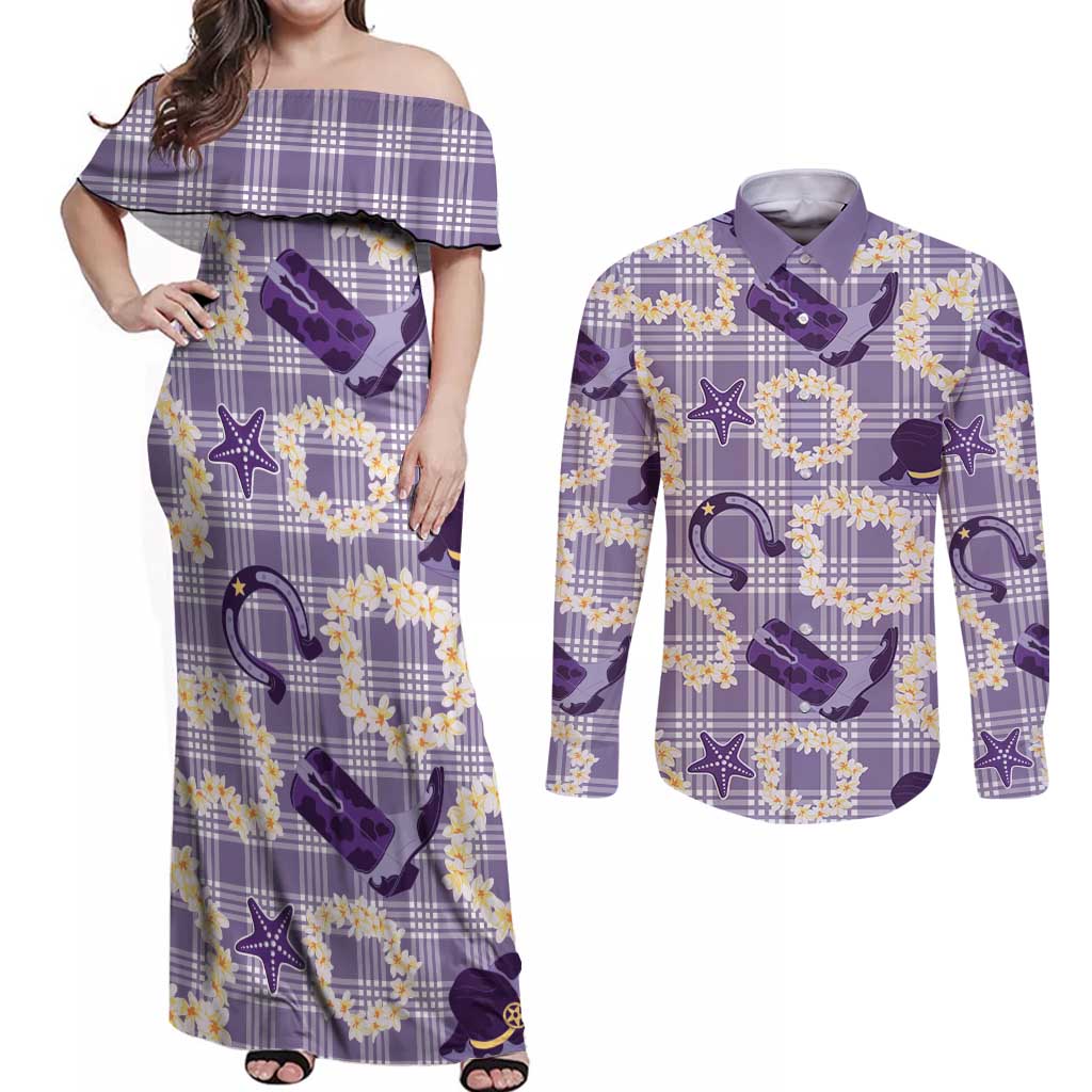 Aloha Hawaii Paniolo Lavender Palaka Couples Matching Off Shoulder Maxi Dress and Long Sleeve Button Shirt Coastal Rodeo - Polynesian Pride