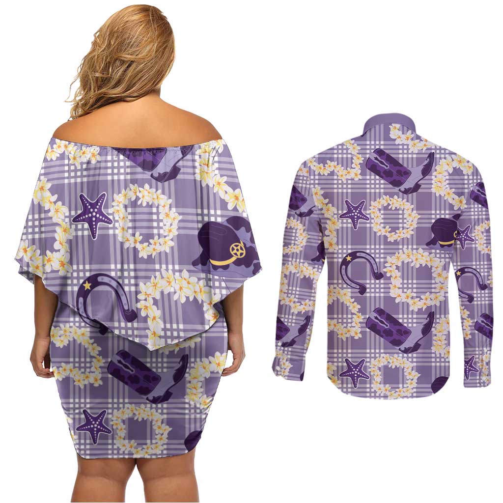 Aloha Hawaii Paniolo Lavender Palaka Couples Matching Off Shoulder Short Dress and Long Sleeve Button Shirt Coastal Rodeo - Polynesian Pride