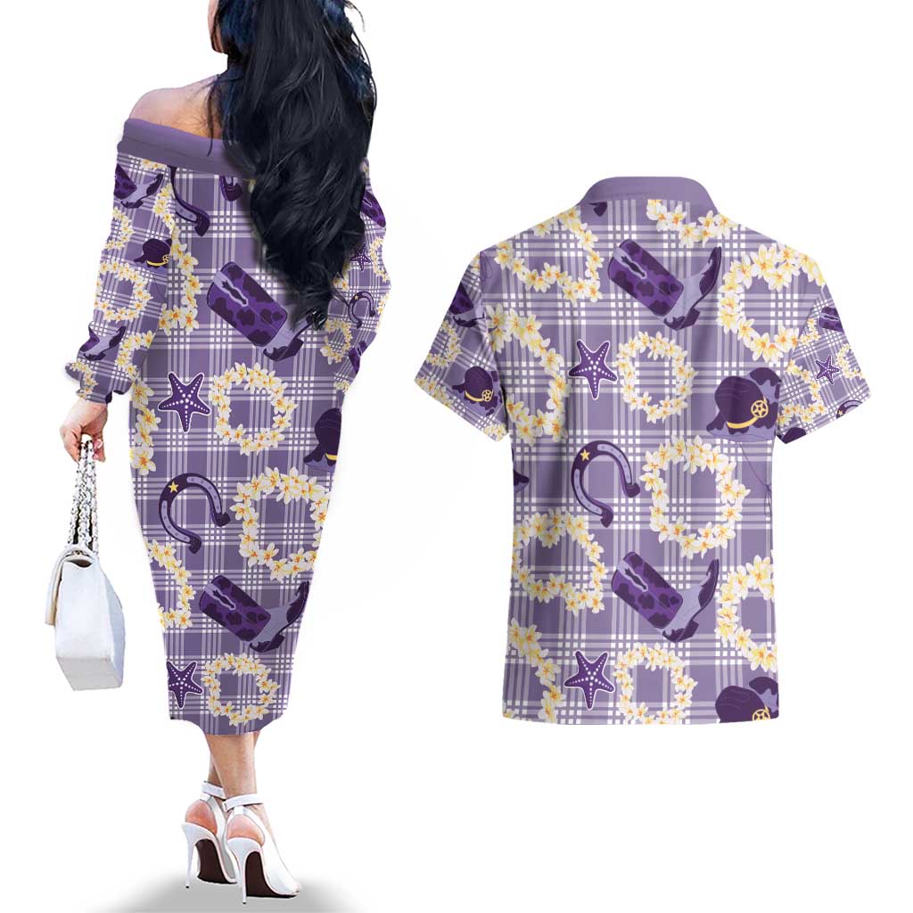 Aloha Hawaii Paniolo Lavender Palaka Couples Matching Off The Shoulder Long Sleeve Dress and Hawaiian Shirt Coastal Rodeo LT7 - Polynesian Pride